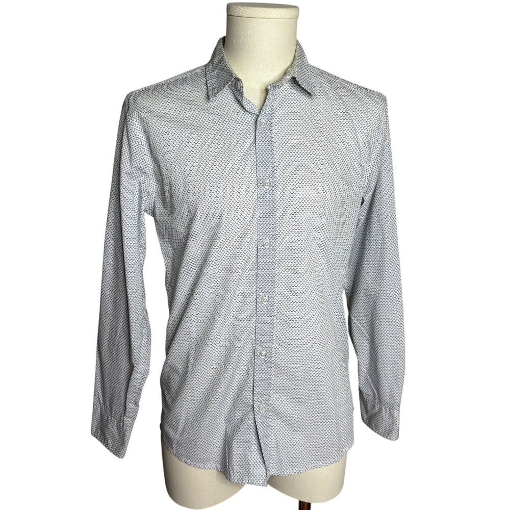 Tranquility Button Up Roll Tab Sleeve Shirt S White Blue Dots Cotton Blend